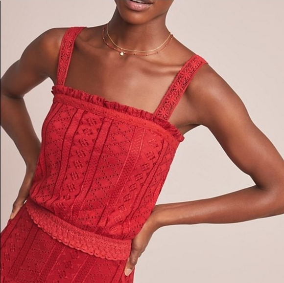 ANTHROPOLOGIE Soigne Red Eyelet Lace Sleeveless Cropped Top Bohemian Summer - Picture 1 of 12